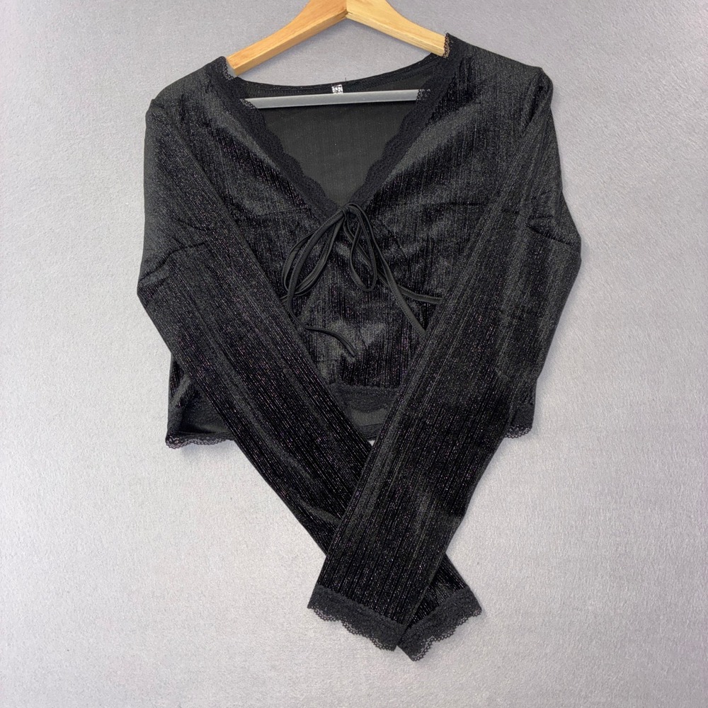 050 Shimmer Crop Top Women Large Black Excellent Lace Tie Front Long Sleeve